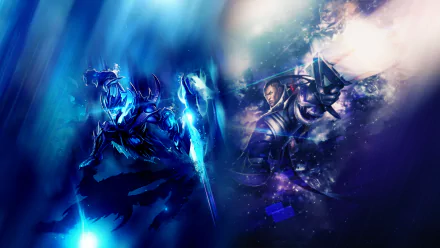 HD desktop wallpaper featuring Lucian and Draven from the video game League of Legends in an intense battle with vibrant blue and purple hues.
