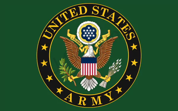 Emblem of the United States Army featuring an eagle, stars, and branches, set against a green background. This HD desktop wallpaper embodies military pride and service.