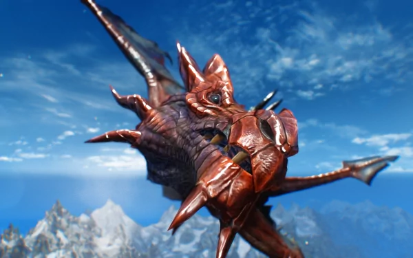 A majestic dragon from The Elder Scrolls V: Skyrim soars above snowy mountains, captured in stunning 4K Ultra HD, showcasing the game's rich graphics and immersive world.
