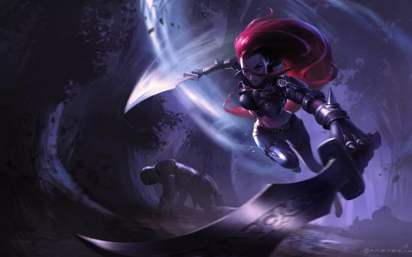 HD PC desktop wallpaper featuring Katarina from the video game League of Legends, depicted in dynamic action with her iconic blades in a dark, swirling environment.