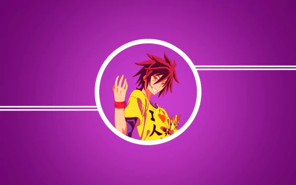 HD PC desktop wallpaper featuring Sora from the anime No Game No Life, centered against a vibrant purple background with white horizontal lines.