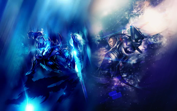 HD desktop wallpaper featuring Lucian and Draven from the video game League of Legends in an intense battle with vibrant blue and purple hues.