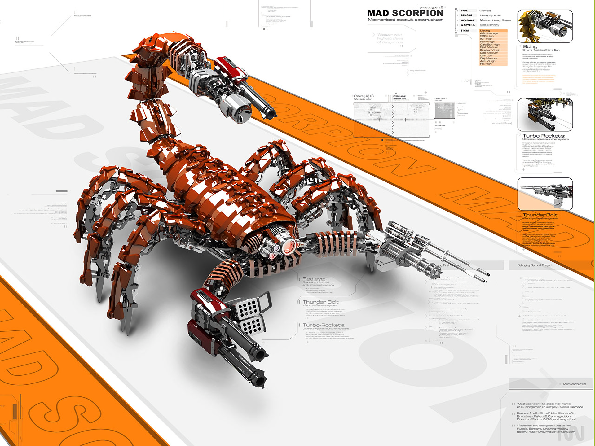A futuristic robot scorpion, intricately designed with metallic details and weapons, set against a sleek background, serves as an engaging sci-fi desktop wallpaper.