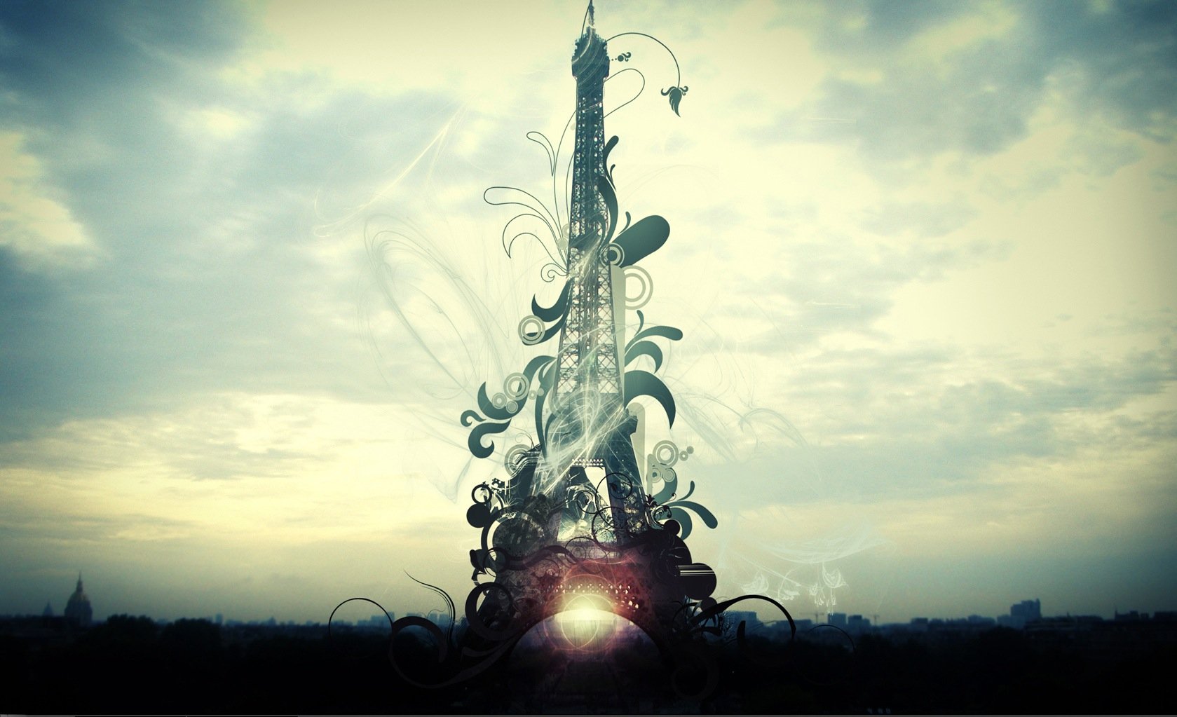 A stunning HD wallpaper featuring the Eiffel Tower, surrounded by artistic swirls and clouds, capturing the beauty of Paris in a unique, contemporary style.
