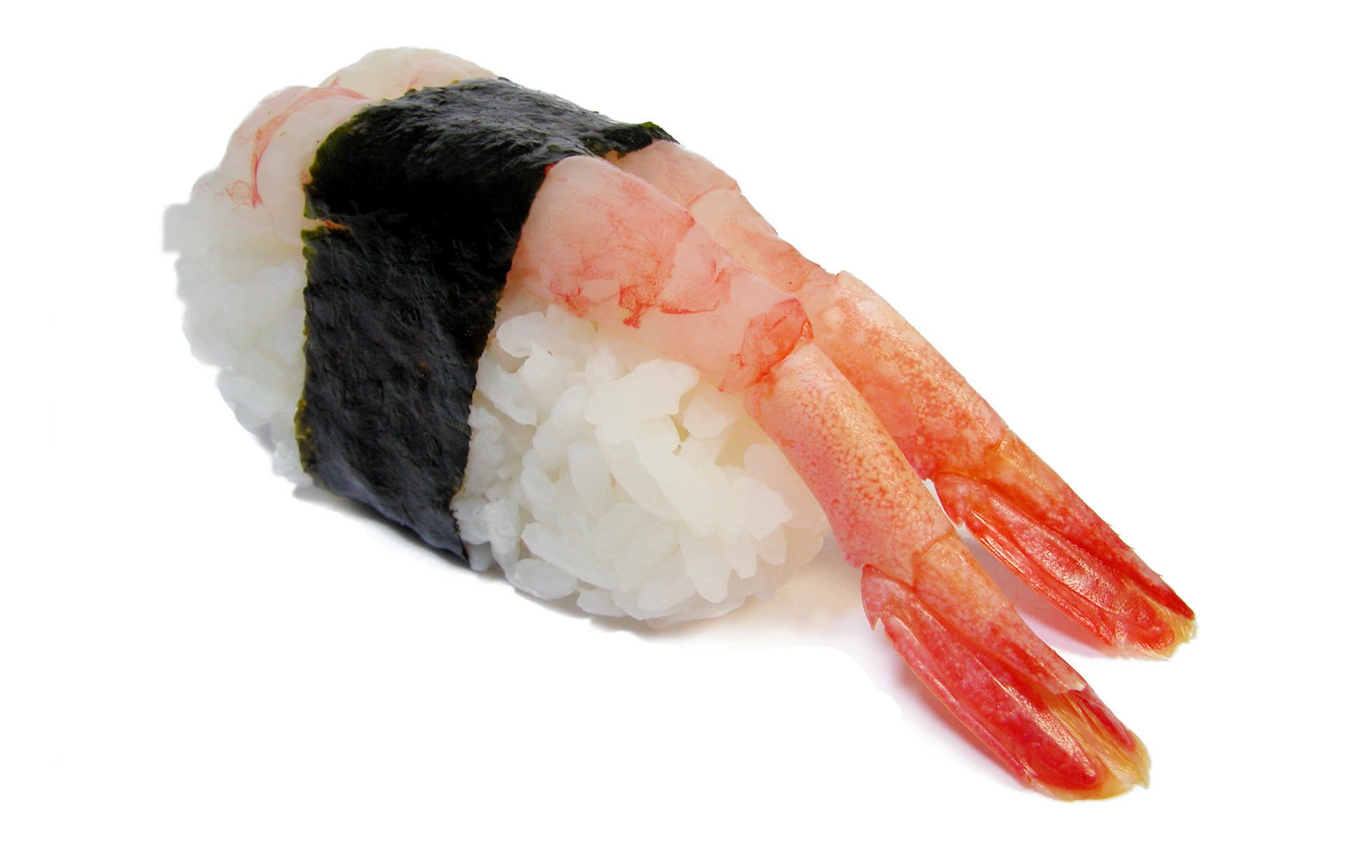 HD desktop wallpaper featuring a close-up of shrimp sushi with rice wrapped in seaweed against a white background.
