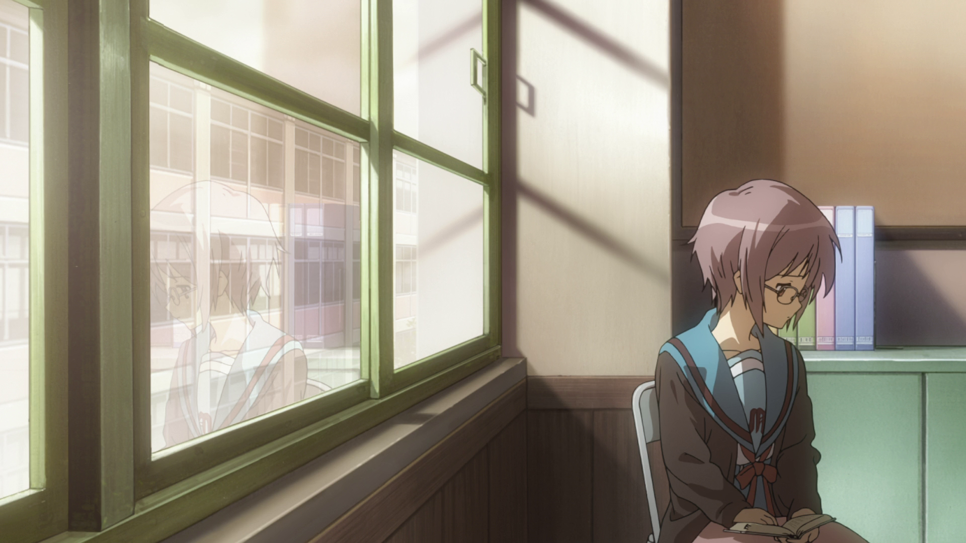 HD desktop wallpaper featuring Yuki Nagato from the anime The Melancholy of Haruhi Suzumiya, sitting thoughtfully by a sunlit window in a quiet room.