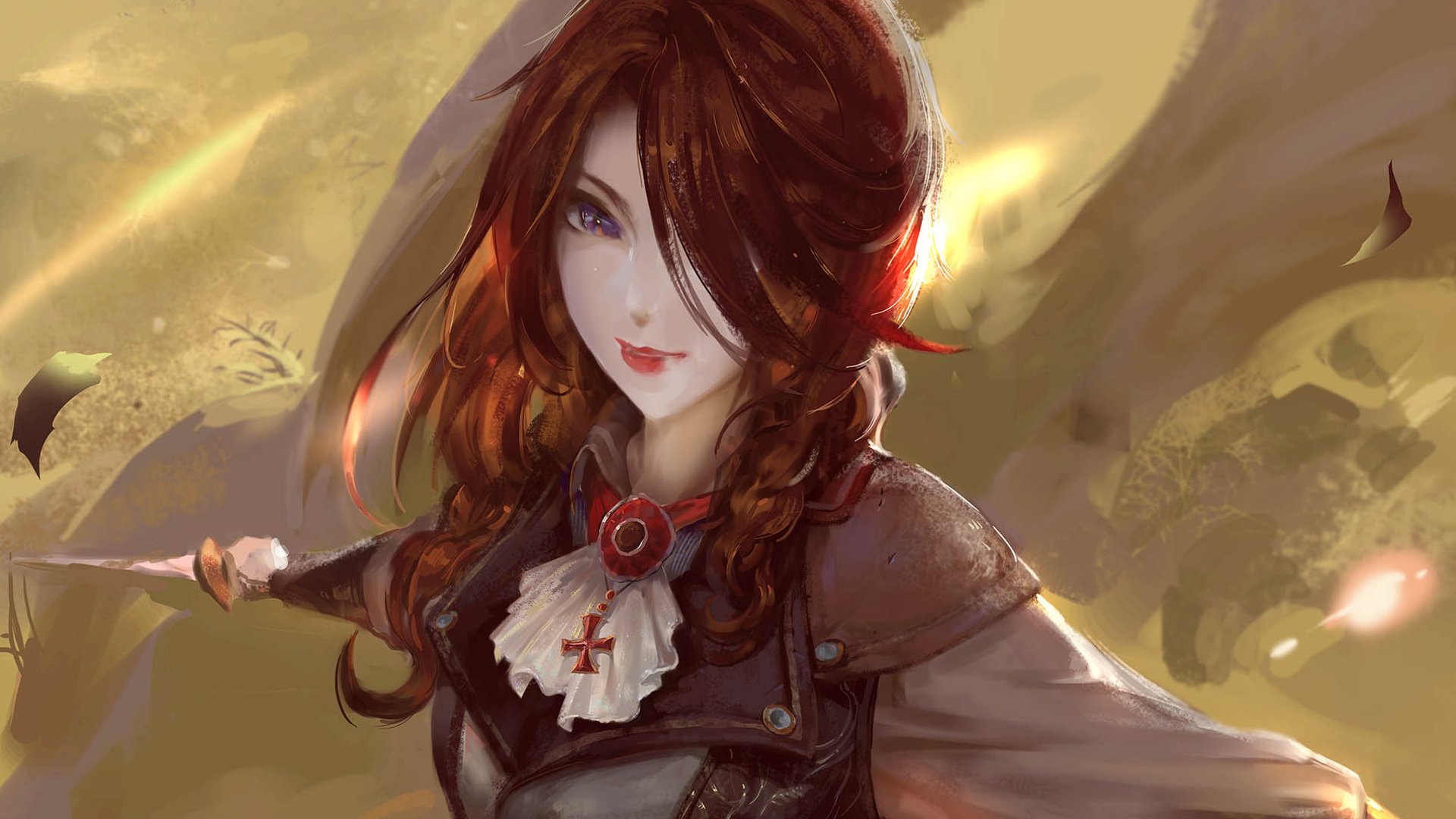 HD fantasy artwork of a woman with long red hair, wearing armor and a white ruffled collar, set against a glowing, mystical background, designed as a PC desktop wallpaper.