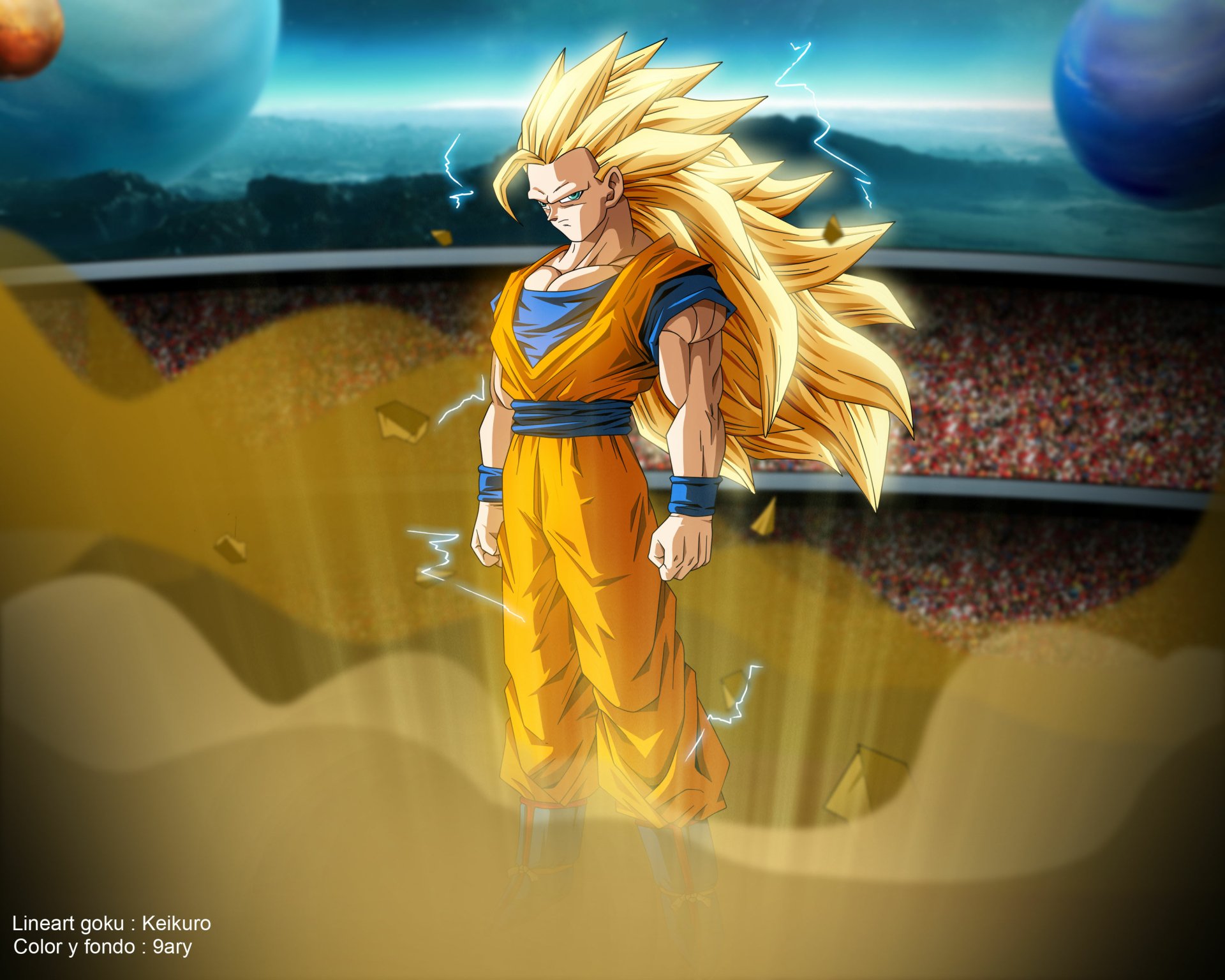 HD desktop wallpaper of a character from Dragon Ball Z, depicted in Super Saiyan form, standing in a stadium with glowing, electrified aura and flowing golden hair.