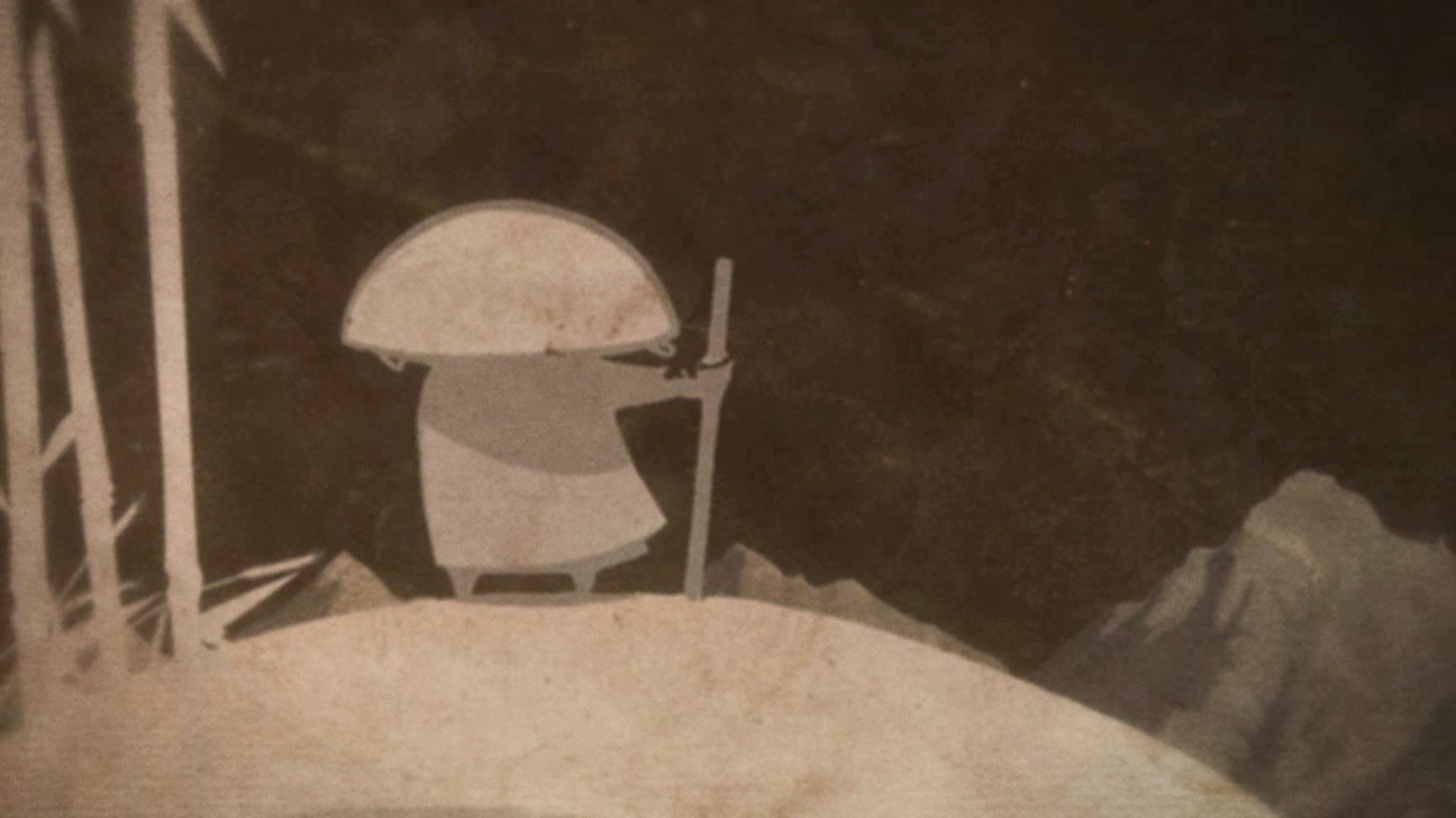 HD PC desktop wallpaper from the video game Mini Ninjas: a stylized mini-ninja in a straw hat and robe, holding a staff on a hill by bamboo, muted sepia tones and distant mountains.