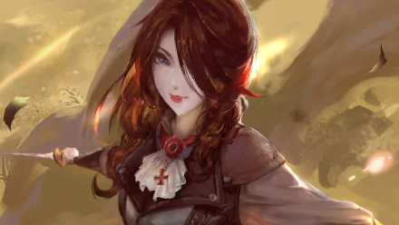 HD fantasy artwork of a woman with long red hair, wearing armor and a white ruffled collar, set against a glowing, mystical background, designed as a PC desktop wallpaper.