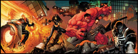 A dynamic comic scene featuring Agent Venom, Red Hulk, X-23, and Ghost Rider amidst a fiery urban backdrop. This striking image captures the essence of the Circle of Four.