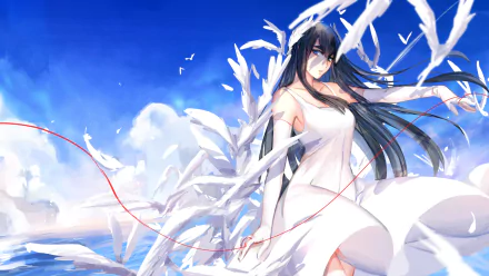 HD PC desktop wallpaper featuring Satsuki Kiryūin from Kill La Kill, set against a vibrant blue sky with white birds and flowing ribbons.