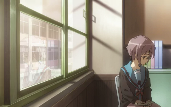 HD desktop wallpaper featuring Yuki Nagato from the anime The Melancholy of Haruhi Suzumiya, sitting thoughtfully by a sunlit window in a quiet room.
