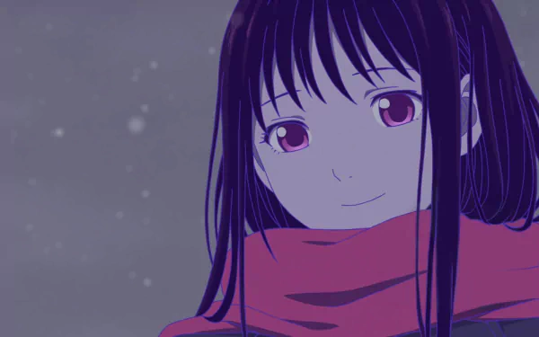 An HD wallpaper featuring Hiyori Iki from the anime Noragami, showcasing her smiling with a snowy background and a vibrant red scarf.