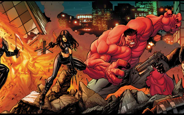 A dynamic comic scene featuring Agent Venom, Red Hulk, X-23, and Ghost Rider amidst a fiery urban backdrop. This striking image captures the essence of the Circle of Four.