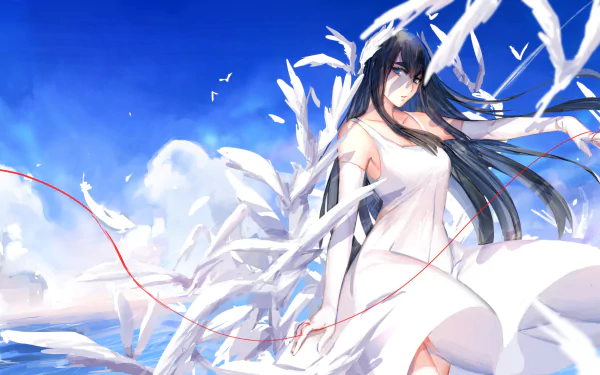 HD PC desktop wallpaper featuring Satsuki Kiryūin from Kill La Kill, set against a vibrant blue sky with white birds and flowing ribbons.