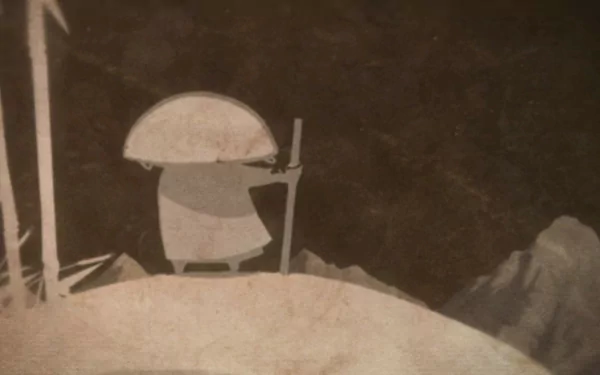 HD PC desktop wallpaper from the video game Mini Ninjas: a stylized mini-ninja in a straw hat and robe, holding a staff on a hill by bamboo, muted sepia tones and distant mountains.