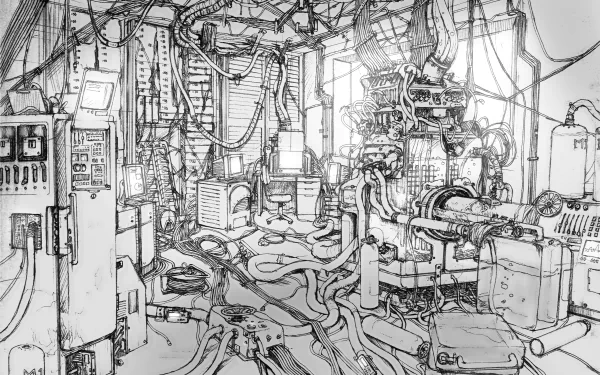 A detailed sketch depicting a cluttered, cybernetic environment inspired by Lain Iwakura from the anime Serial Experiments Lain, featuring numerous machines and tangled wires in an HD wallpaper format.