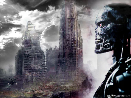 A dramatic HD wallpaper from Terminator Salvation, featuring a menacing robot amidst a dystopian cityscape marked by ruined skyscrapers and an ominous sky.