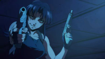HD anime desktop wallpaper featuring a character from Black Lagoon holding two guns with a confident expression in a dark, moody setting.