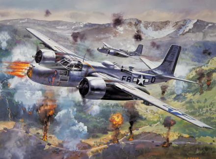 HD PC desktop wallpaper/background: military Douglas A-26 Invader twin‑engine bomber flying low over a mountainous battlefield amid explosions, a second A‑26 visible behind.
