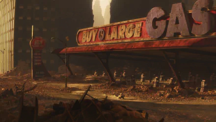 HD PC desktop wallpaper featuring a desolate urban scene from the movie Wall·E, showcasing a dilapidated Buy & Large gas station under dim lighting.