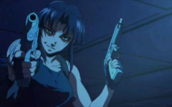 HD anime desktop wallpaper featuring a character from Black Lagoon holding two guns with a confident expression in a dark, moody setting.