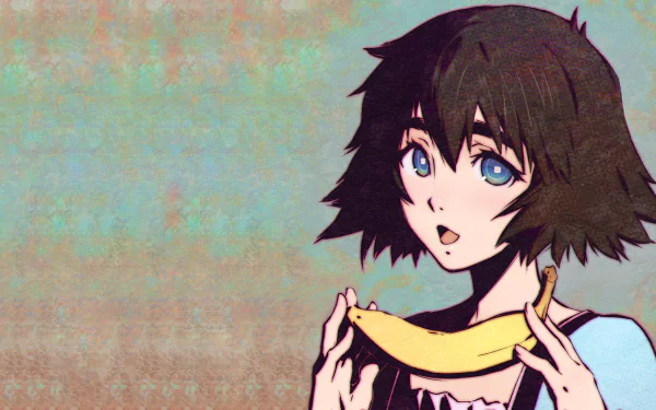 Mayuri Shiina from Steins;Gate holds a banana, featuring a colorful background. This HD image serves as a vibrant desktop wallpaper for fans of the anime.