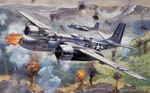 HD PC desktop wallpaper/background: military Douglas A-26 Invader twin‑engine bomber flying low over a mountainous battlefield amid explosions, a second A‑26 visible behind.