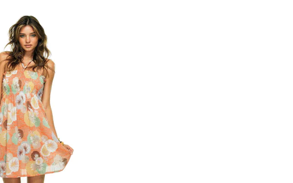 HD PC desktop wallpaper featuring celebrity Miranda Kerr in a floral dress against a white background.