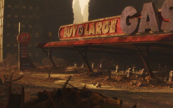 HD PC desktop wallpaper featuring a desolate urban scene from the movie Wall·E, showcasing a dilapidated Buy & Large gas station under dim lighting.