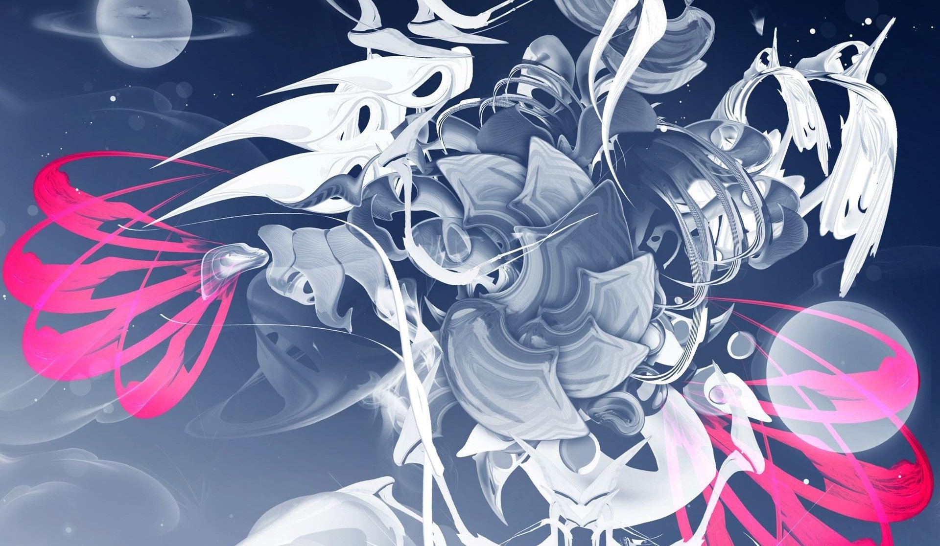 HD desktop wallpaper featuring abstract white and pink artistic elements on a dark background.