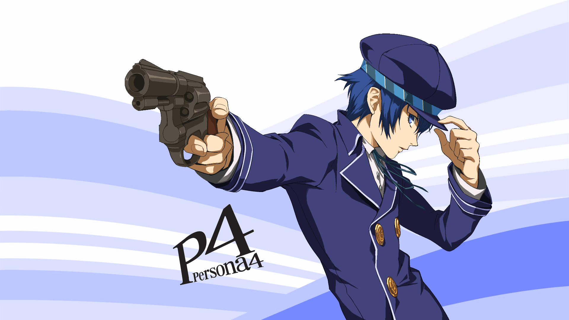 HD PC desktop wallpaper featuring a character from the video game Persona 4 aiming a gun, set against a stylized blue and white background.