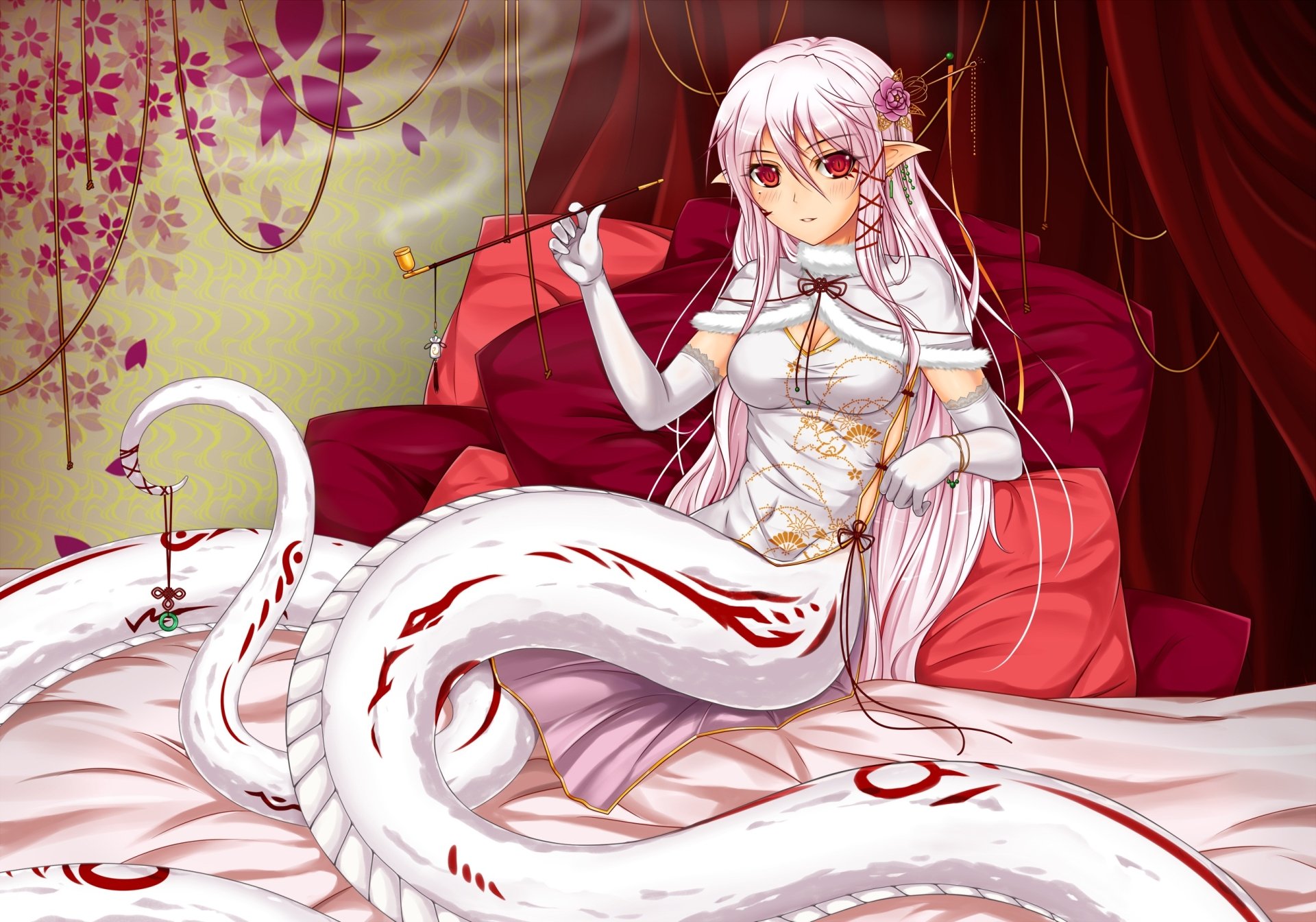 A beautiful anime character with long white hair, dressed in elegant attire, poses with a serpentine creature against a rich, vibrant backdrop. This HD original artwork serves as a striking desktop wallpaper.