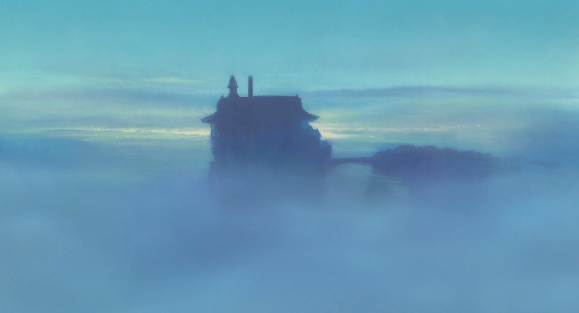 HD anime desktop wallpaper featuring a misty, ethereal scene from Spirited Away with a silhouetted house emerging through the fog.
