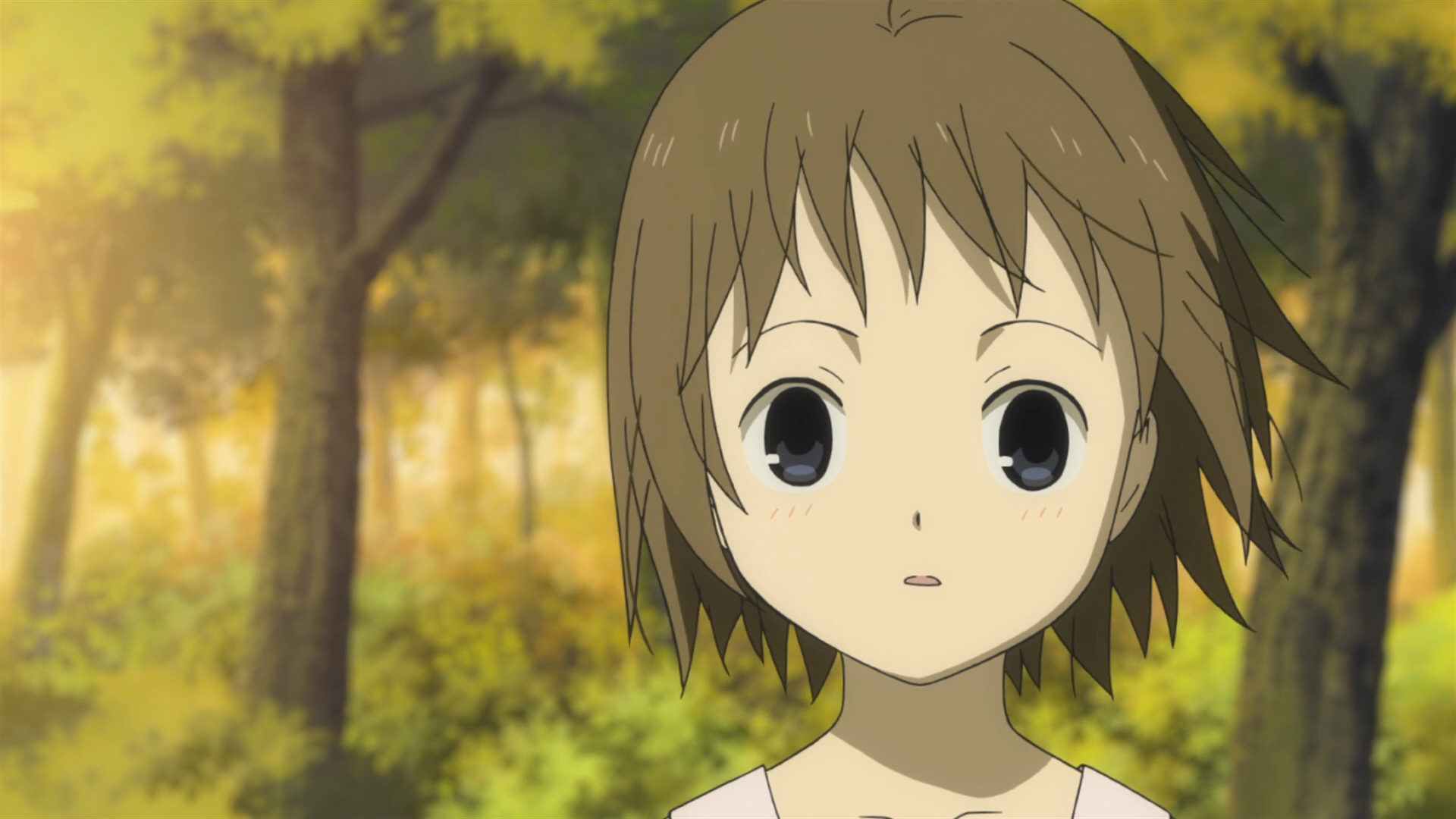 A character from Hotarubi No Mori E gazes thoughtfully amidst a vibrant forest backdrop, capturing the enchanting atmosphere of the movie in this HD wallpaper.