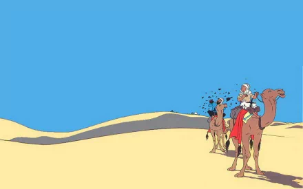 A vibrant HD desktop wallpaper from The Adventures of Tintin, featuring Tintin riding a camel in a sandy desert landscape under a clear blue sky.