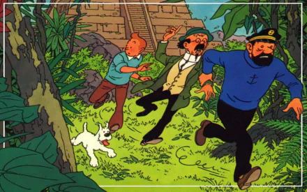 A vibrant HD desktop wallpaper from The Adventures of Tintin, featuring Tintin, Captain Haddock, and Professor Calculus, running through lush greenery with Snowy the dog.