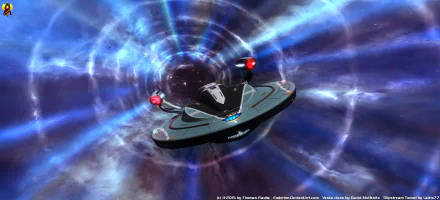 HD desktop wallpaper featuring the USS Aventine starship from Star Trek Deep Space Nine entering a vibrant blue slipstream tunnel.