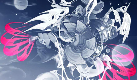 HD desktop wallpaper featuring abstract white and pink artistic elements on a dark background.