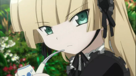 HD anime wallpaper featuring Victorique de Blois from Gosick, with her distinctive green eyes and blonde hair, holding a pipe against a blurred outdoor background.