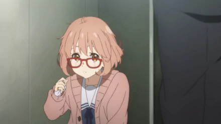 A character from the anime Beyond the Boundary with short pink hair and glasses, wearing a cozy sweater, looking contemplative in a softly lit room. HD desktop wallpaper.
