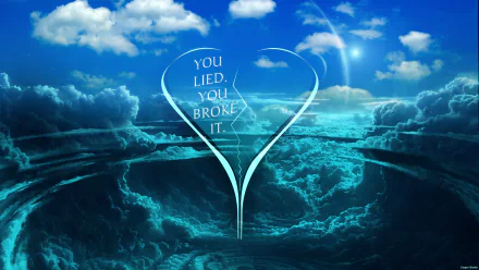 An artistic HD wallpaper featuring a broken heart surrounded by clouds and water, with the quote You lied. You broke it. expressing themes of love and heartache.