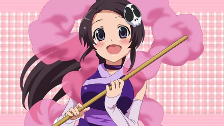 Elucia de Lute Ima from The World God Only Knows smiles brightly, holding a stick, surrounded by pink clouds, in this vibrant HD anime desktop wallpaper.