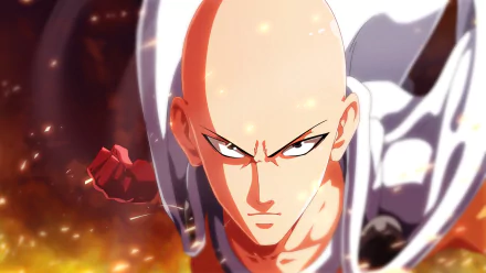 HD desktop wallpaper featuring Saitama from One-Punch Man, showcasing his intense expression and power, set against a dynamic fiery background.