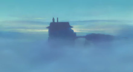 HD anime desktop wallpaper featuring a misty, ethereal scene from Spirited Away with a silhouetted house emerging through the fog.