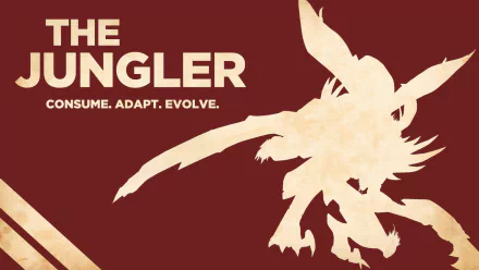 HD PC desktop wallpaper of Kha'Zix from League of Legends (video game): beige silhouette of the jungler on a maroon background with text THE JUNGLER. CONSUME. ADAPT. EVOLVE.