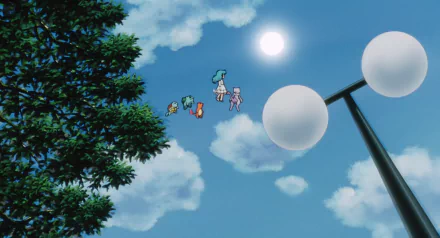 HD desktop wallpaper featuring Mewtwo, Ambertwo, Squirtle, Bulbasaur, and Charmander from Pokémon: The First Movie against a bright blue sky with clouds and lamp posts.