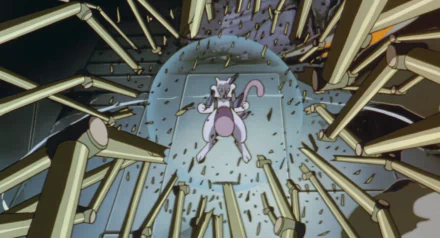 HD PC desktop wallpaper featuring Mewtwo from Pokémon: The First Movie, surrounded by shattered glass and metal debris in an intense anime scene.