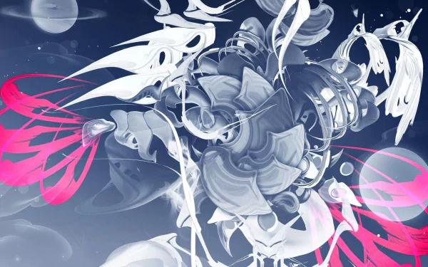 HD desktop wallpaper featuring abstract white and pink artistic elements on a dark background.